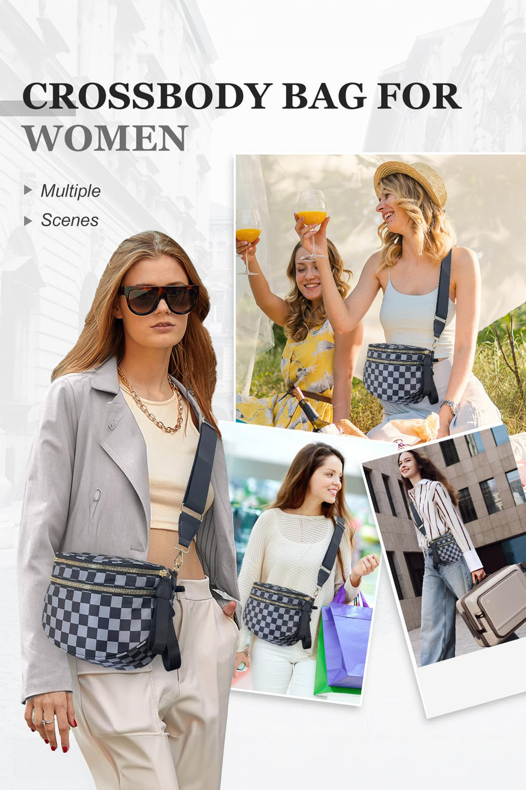 White Animal Spots Print Wide Strap Large Crossbody Bag