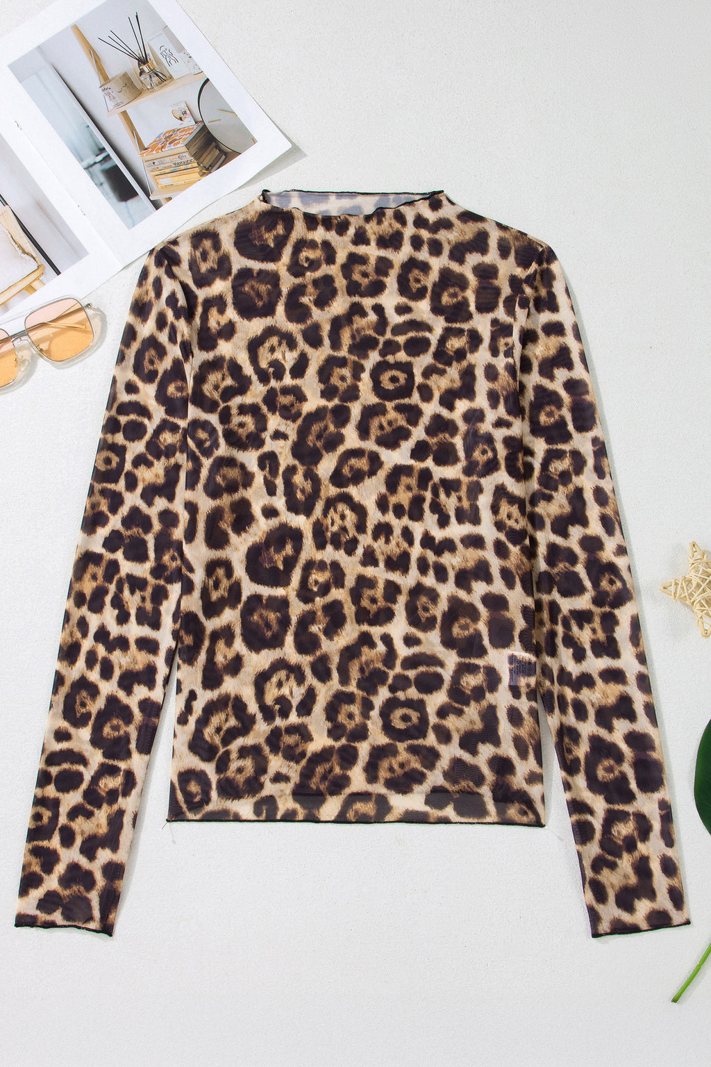 Oatmeal Western Print Slim Fit Mesh Long Sleeve Mock Neck Top