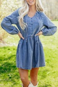 Myosotis Puff Sleeve V Neck Ruffled Loose Denim Mini Dress