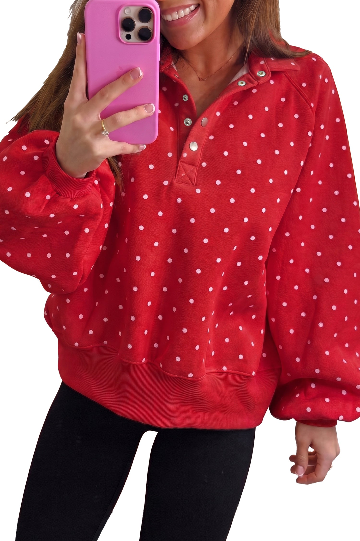 Pink Polka Dot Print Metal Button Collar Casual Pullover Sweatshirt