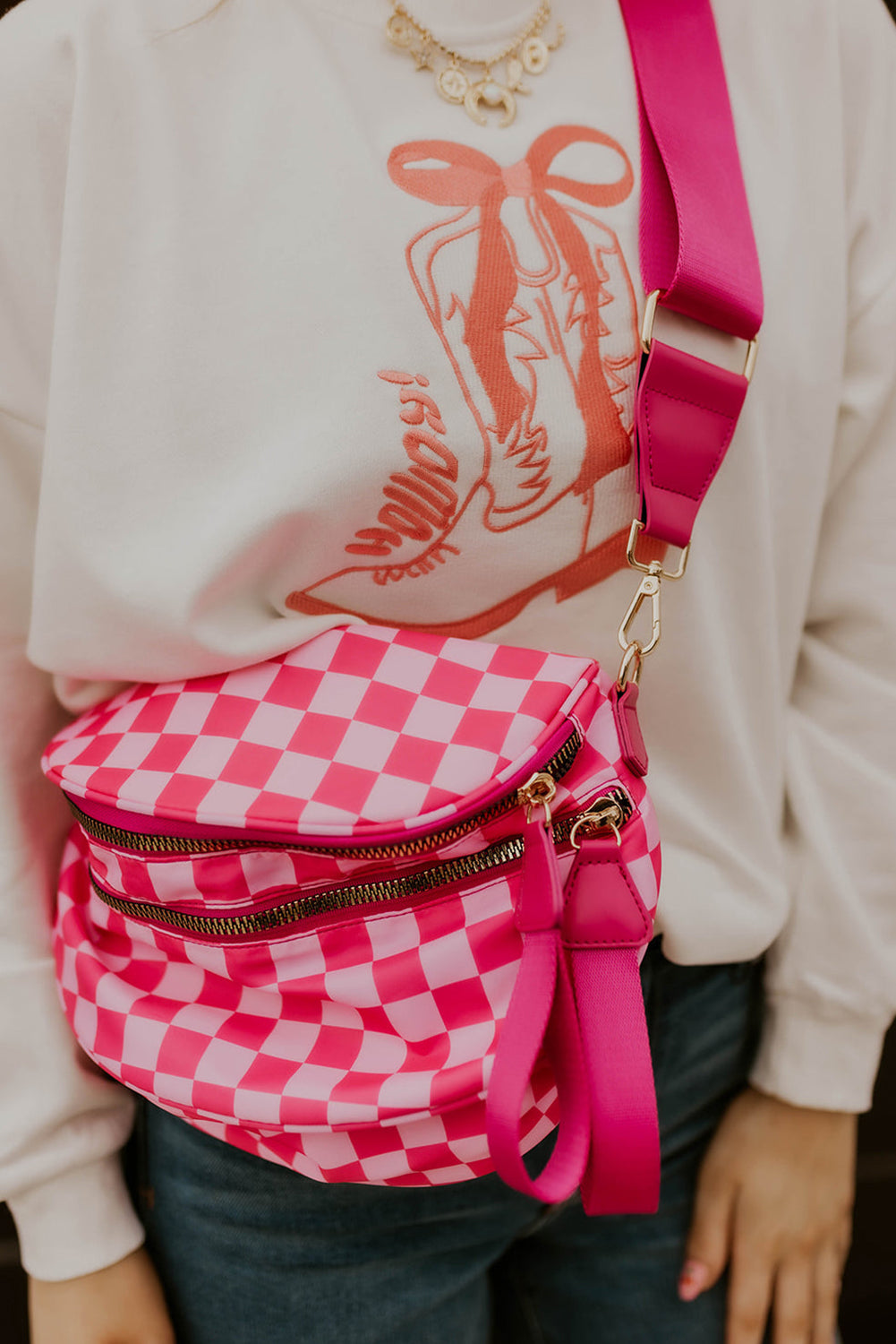 White Animal Spots Print Wide Strap Large Crossbody Bag