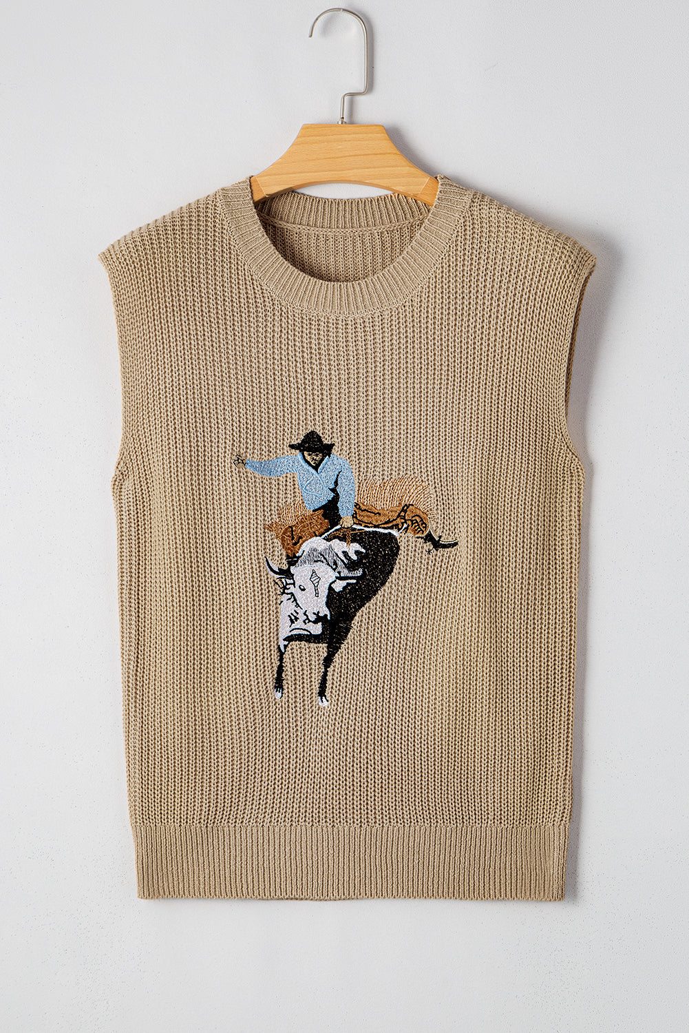 Black Western Cowboy Embroidery Round Neck Sleeveless Sweater