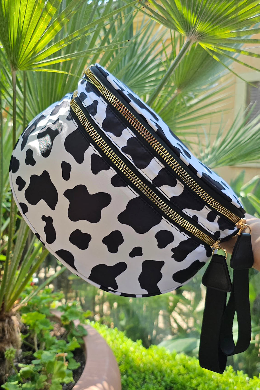 White Animal Spots Print Wide Strap Large Crossbody Bag