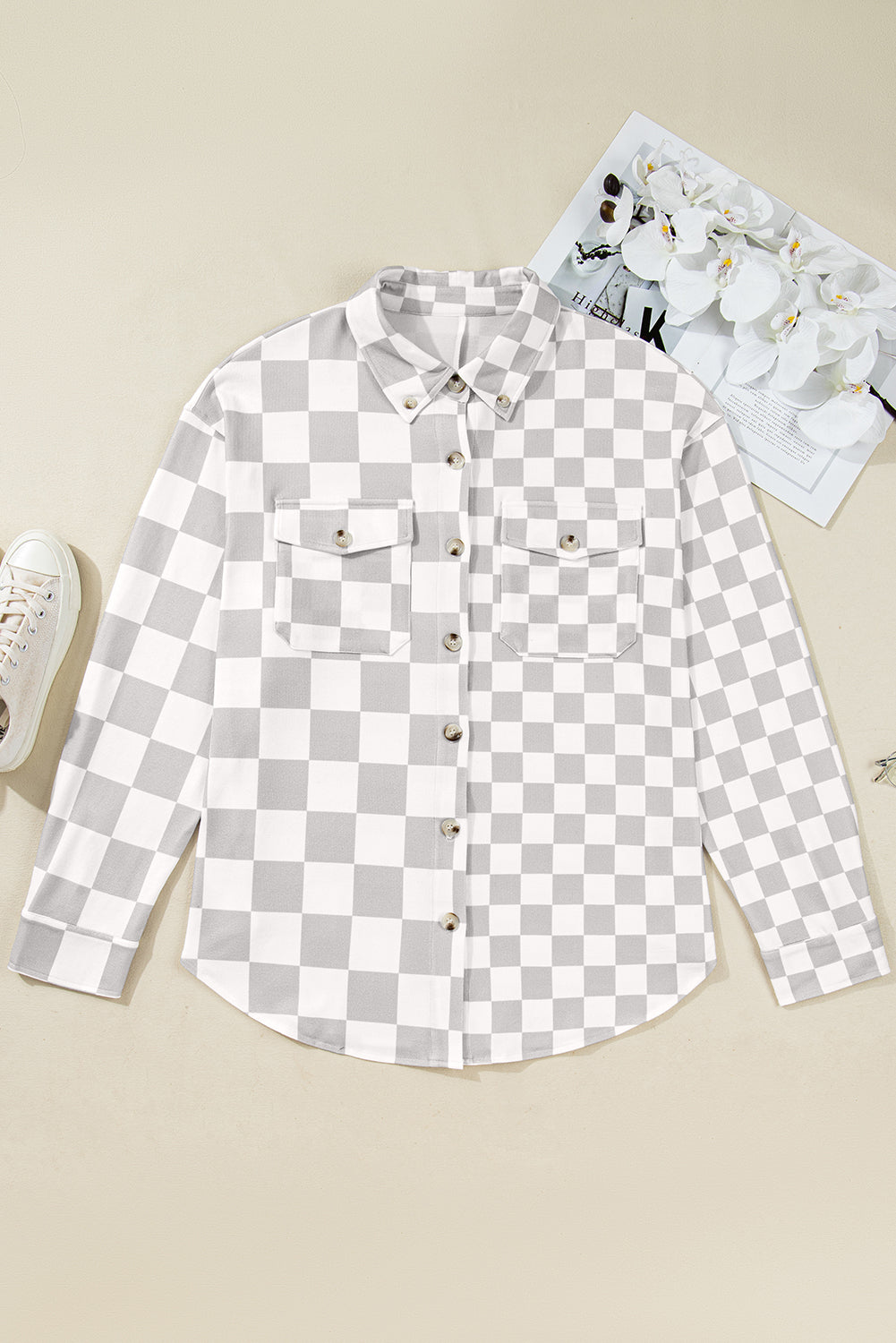 Khaki Plus Size Checkered Buttoned Down Casual Western Jacket