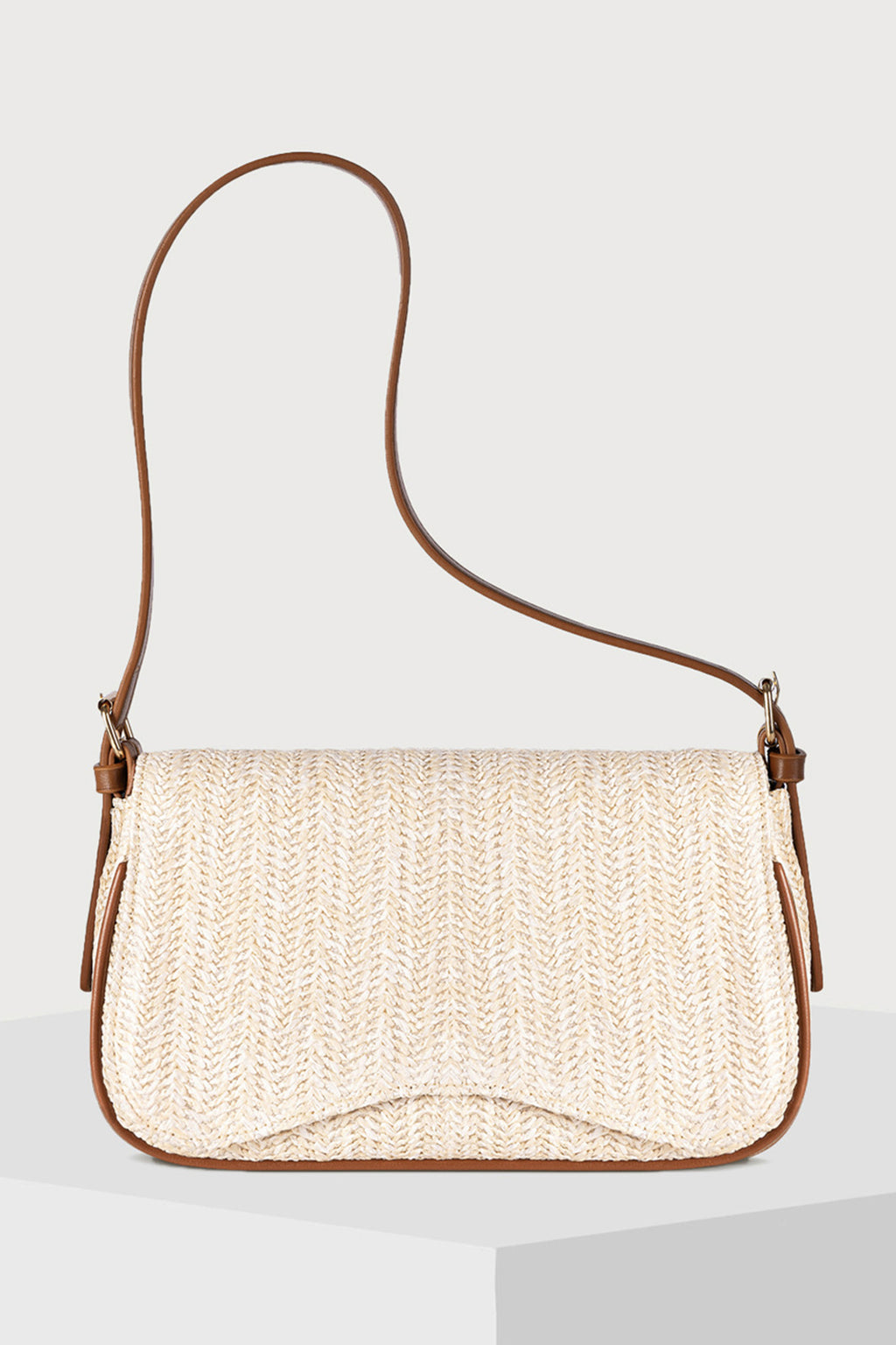 White Raffia Woven PU Leather Trim Shoulder Bag