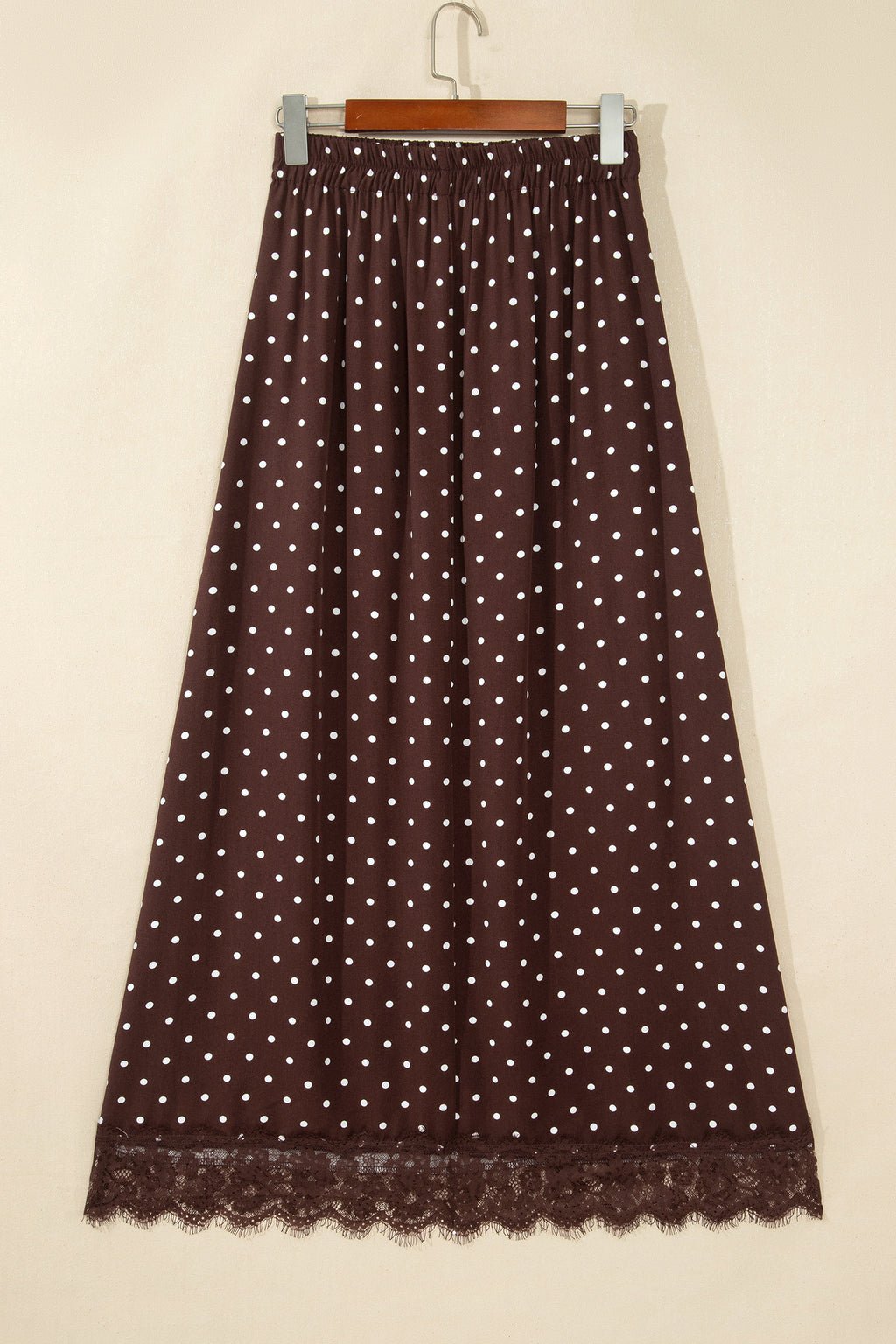 Brown Polka Dot Lace Hem Elegant Long Shift Skirt