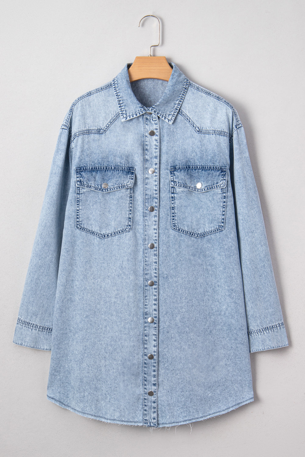 Blue Beau Chest Pocket Raw Hem Denim Loose Shirt Dress