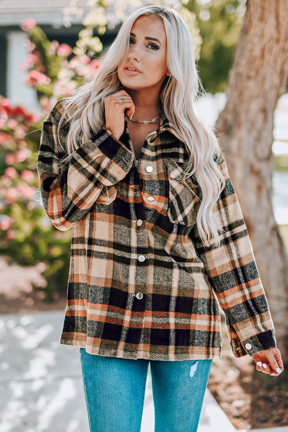 Khaki Geometric Plaid Print Pocketed Shacket
