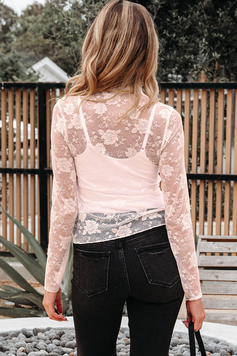 Black Sheer Floral Lace Mesh Mock Neck Long Sleeve Top