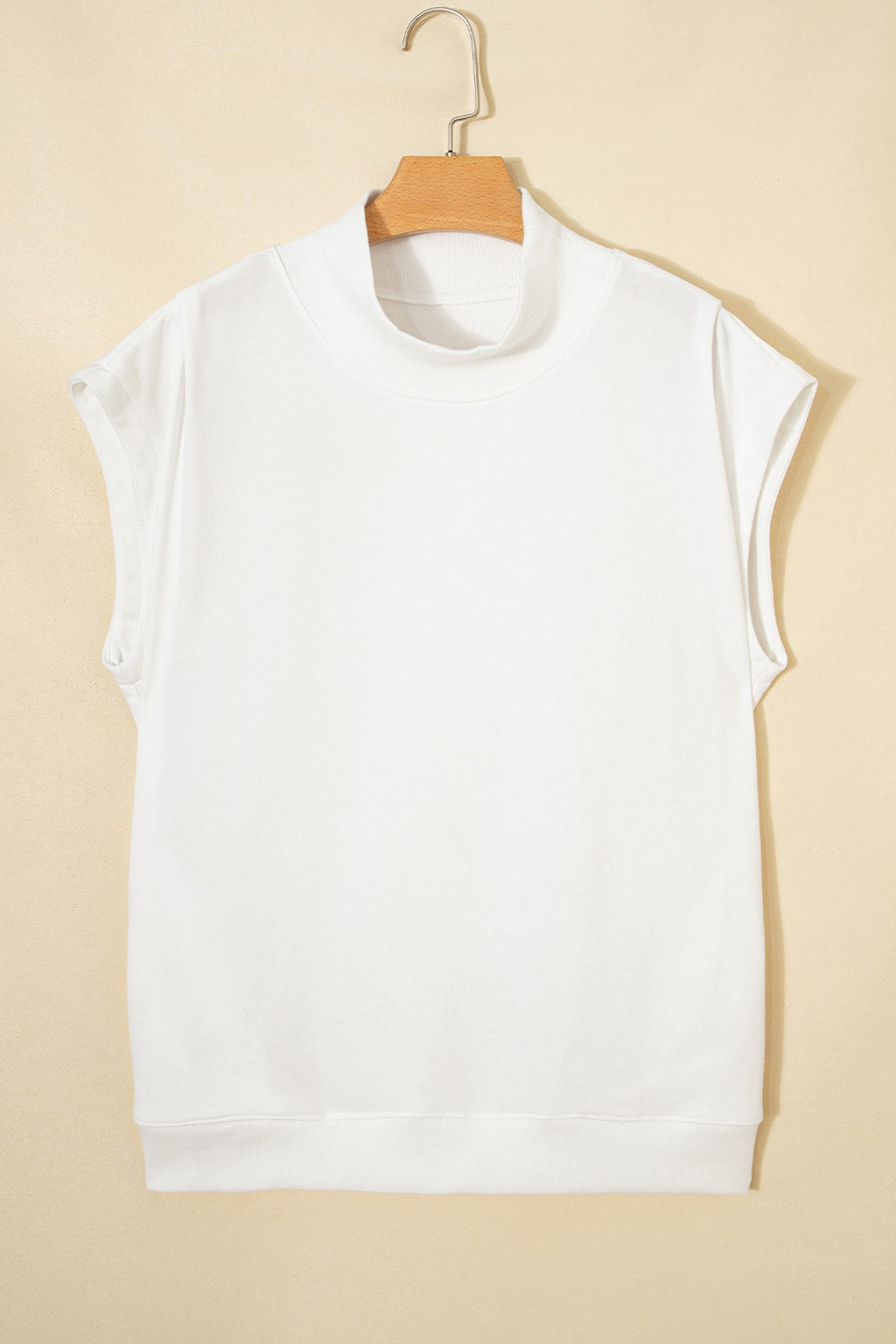 White Solid Color High Neck Cap Sleeve Loose Top