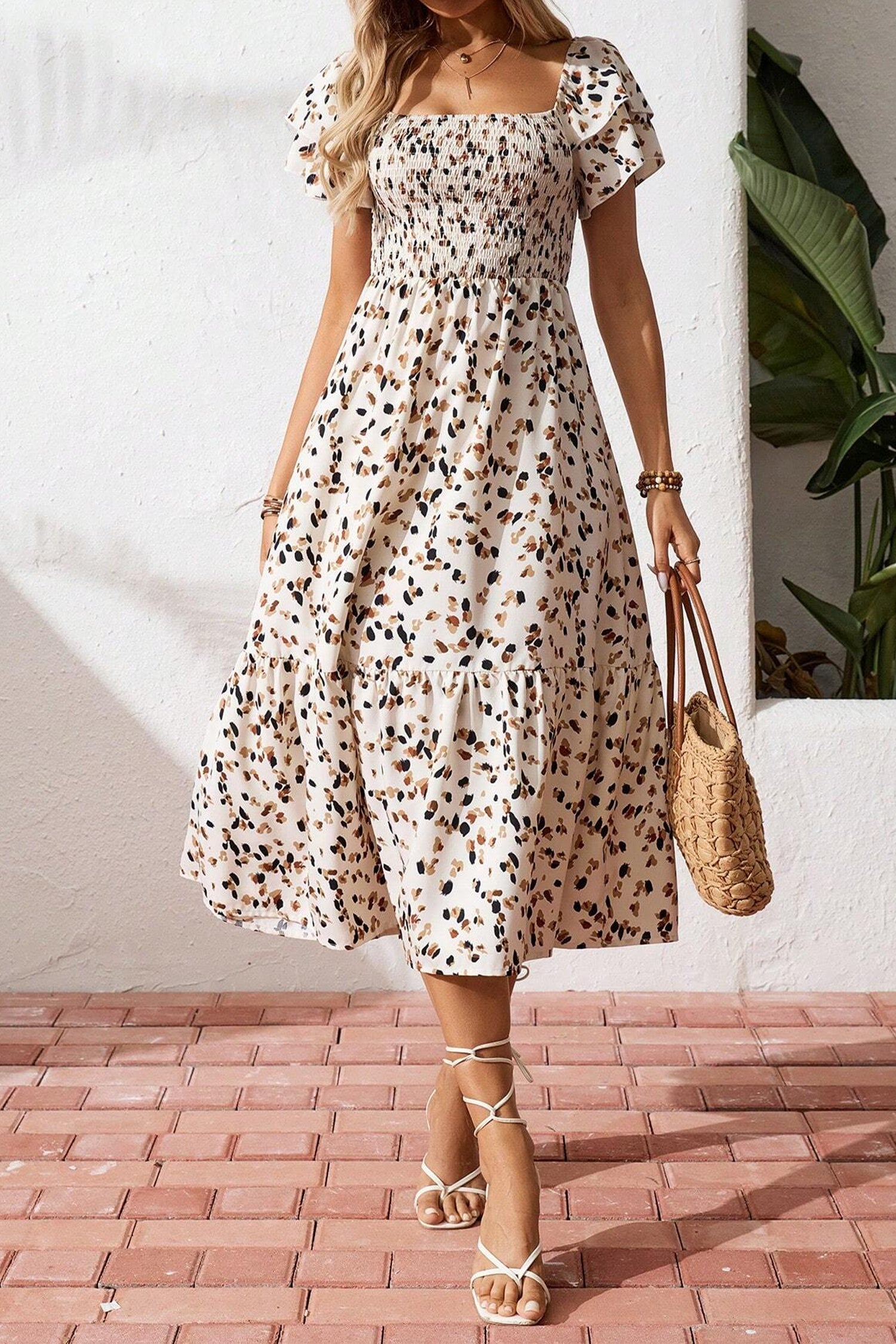 Beige Ditsy Floral Print Smocked Square Neck Ruffle Short Sleeve Dress