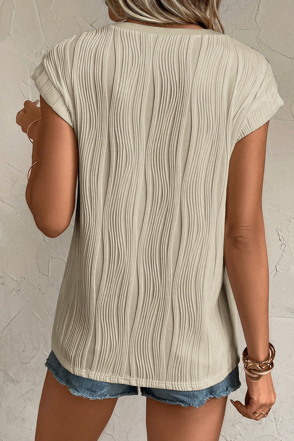 Black Wavy Textured Button V Neck Tee