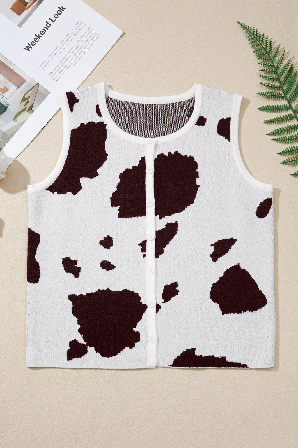 White Western Cow Spots Button Down Sweater Vest