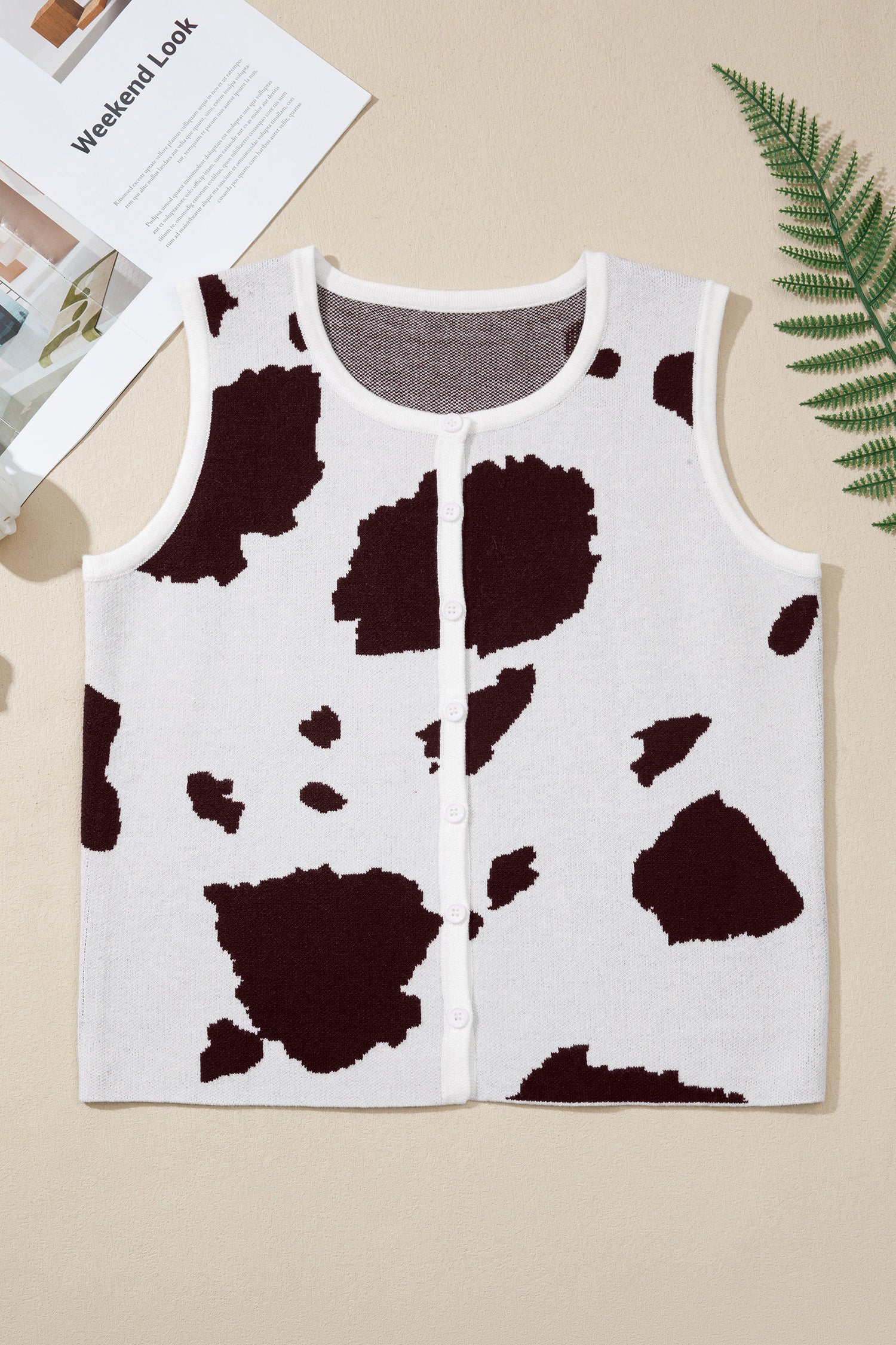 White Western Cow Spots Button Down Sweater Vest