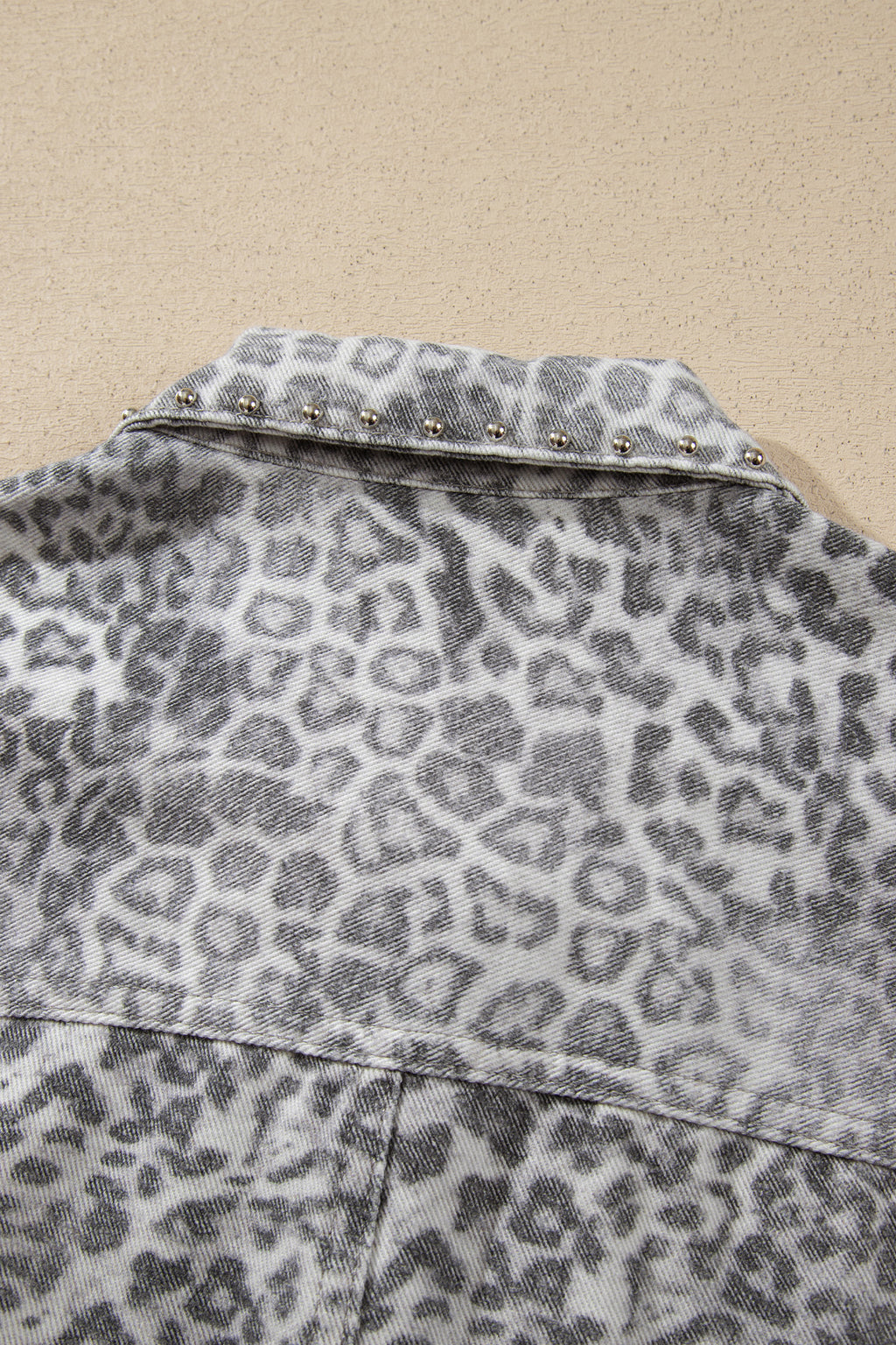Khaki Leopard Print Studded Collar Studded Patch Pocket Denim Jacket