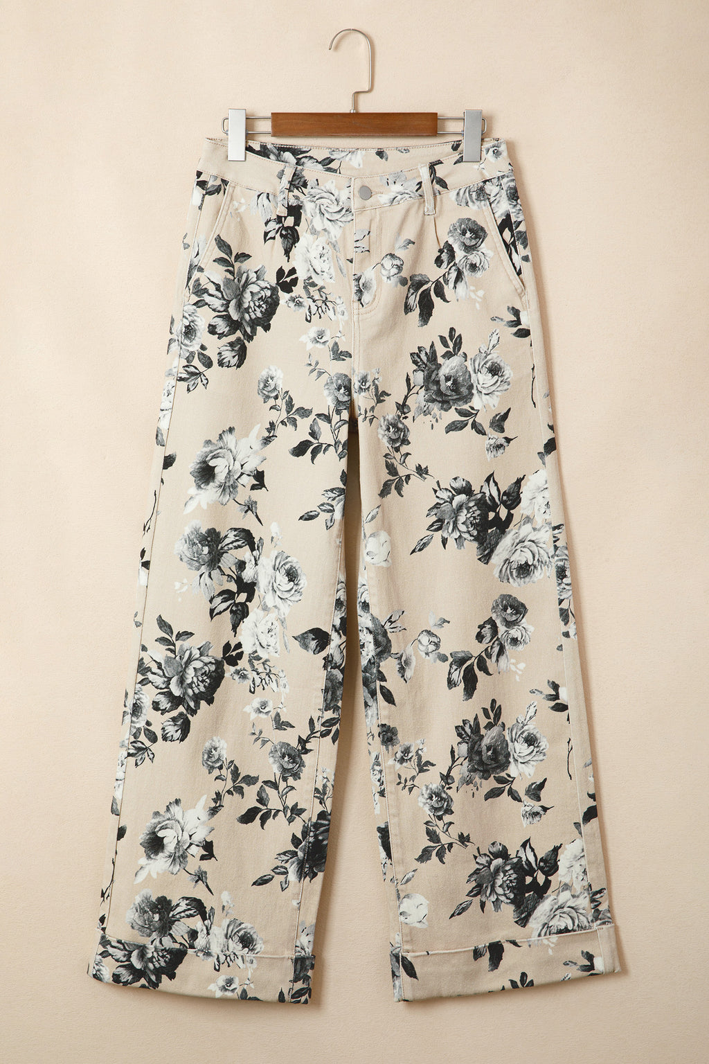 Beige Retro Floral Print Turn-up Cuffed Hem Loose Jeans