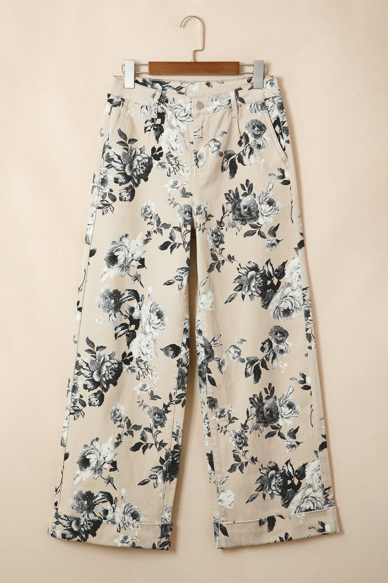 Beige Retro Floral Print Turn-up Cuffed Hem Loose Jeans