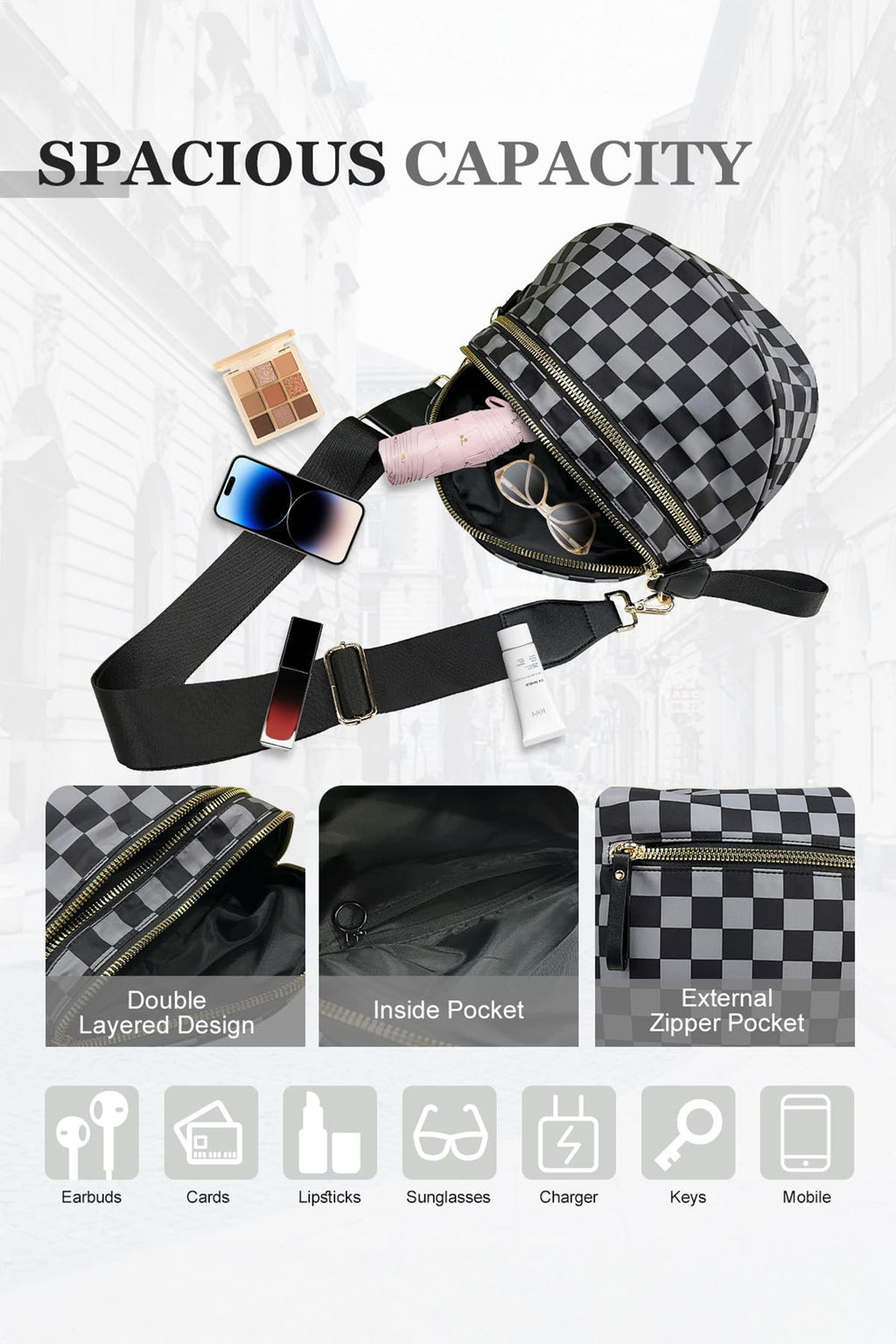 White Animal Spots Print Wide Strap Large Crossbody Bag