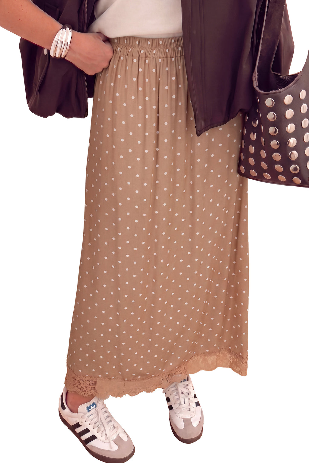Brown Polka Dot Lace Hem Elegant Long Shift Skirt