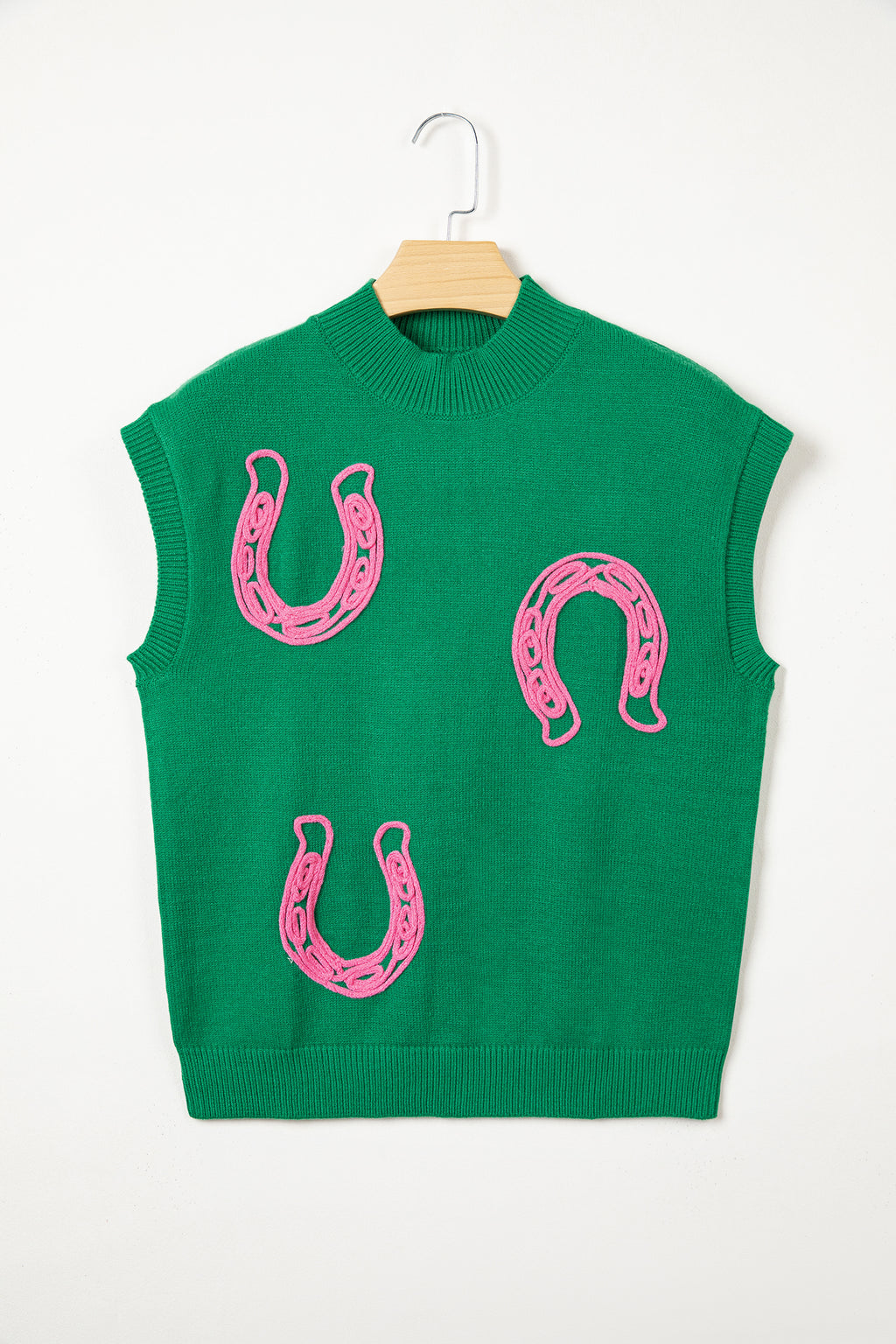 Bright Green Corded Horseshoes Ribbed Trim Mock Neck Short Sleeve Sweater