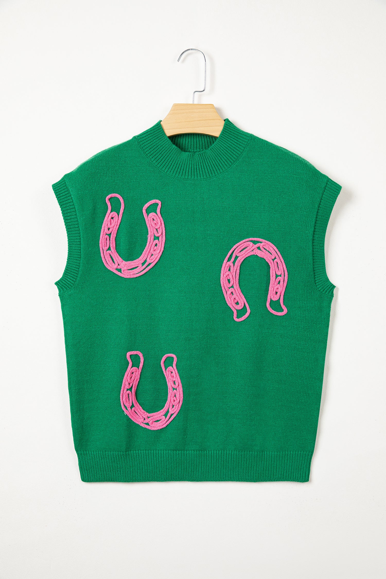 Bright Green Corded Horseshoes Ribbed Trim Mock Neck Short Sleeve Sweater