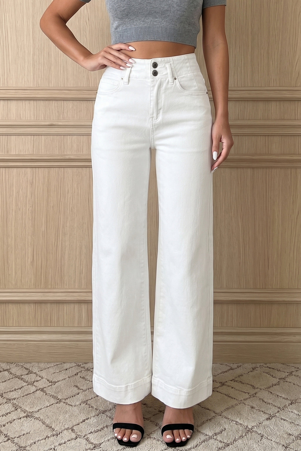 White 2-Button High Waist Wide Leg Jeans