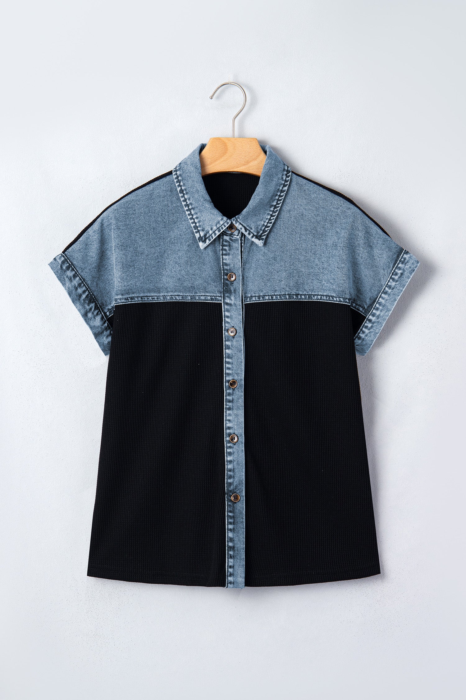 Black Textured Knit Denim Color Block Patchwork Collar Button Down Shirt