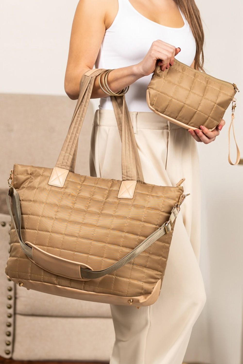 Black Quilted Patchwork Large Tote Bag and Clutch 2pcs Set