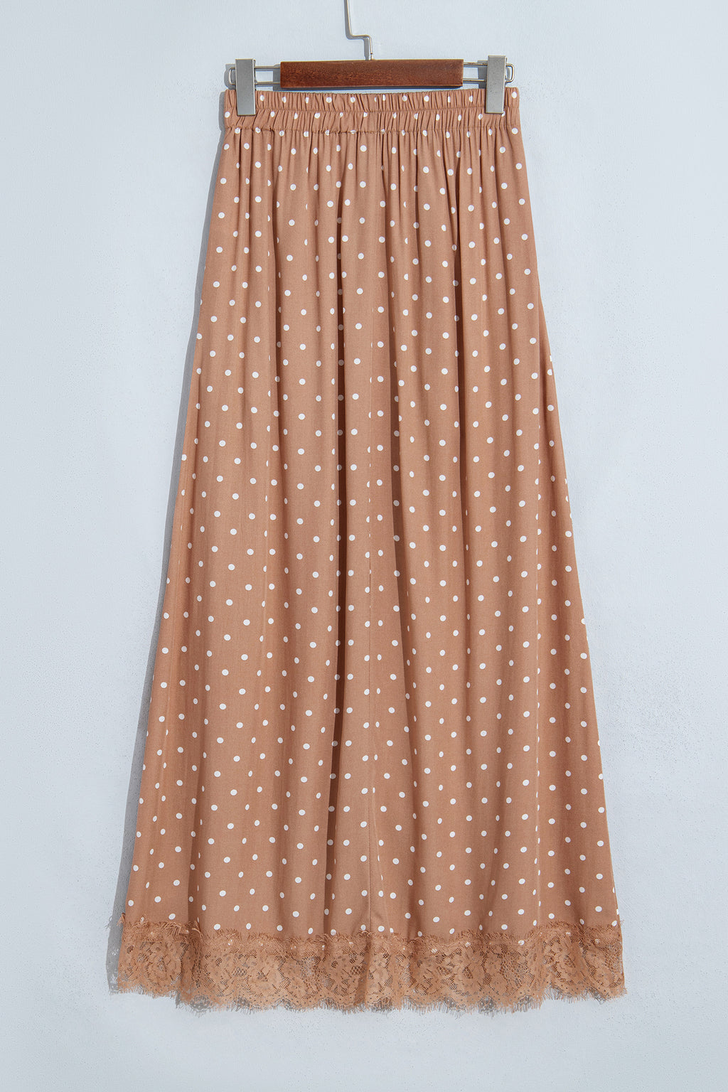 Brown Polka Dot Lace Hem Elegant Long Shift Skirt