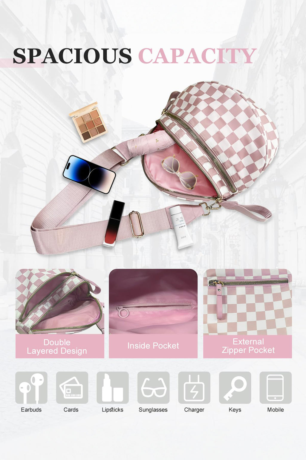 White Animal Spots Print Wide Strap Large Crossbody Bag