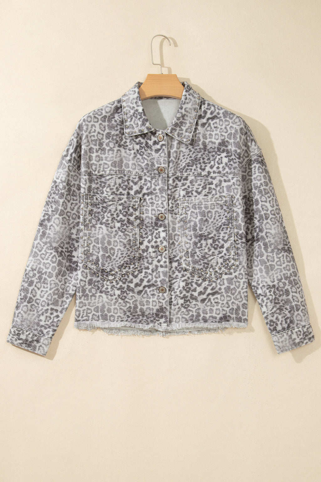 Khaki Leopard Print Studded Collar Studded Patch Pocket Denim Jacket