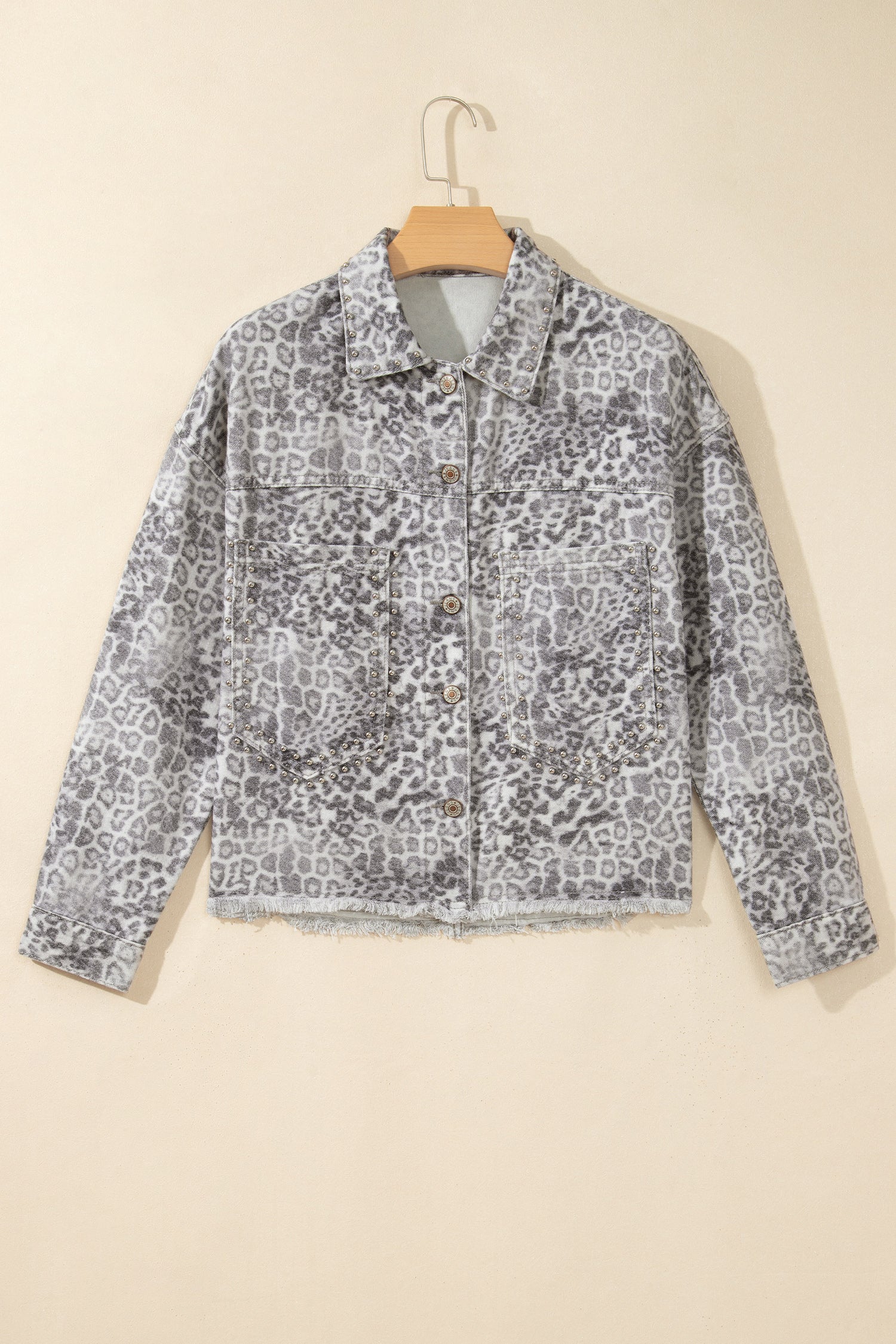 Khaki Leopard Print Studded Collar Studded Patch Pocket Denim Jacket