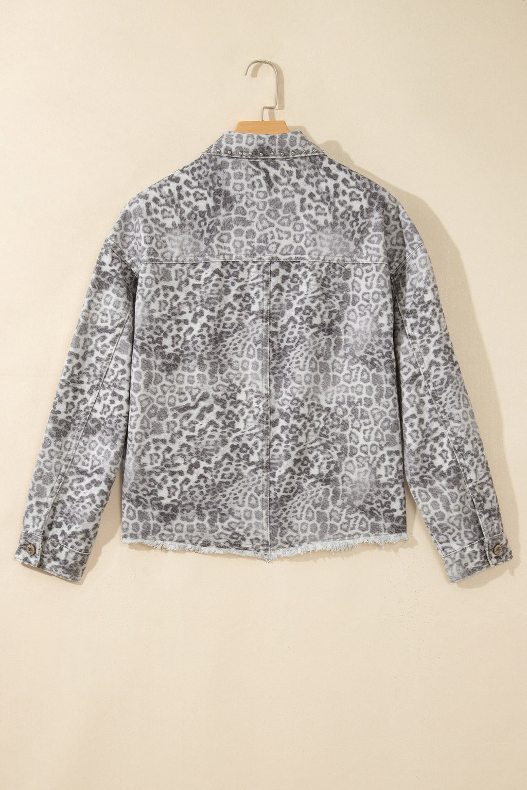 Khaki Leopard Print Studded Collar Studded Patch Pocket Denim Jacket