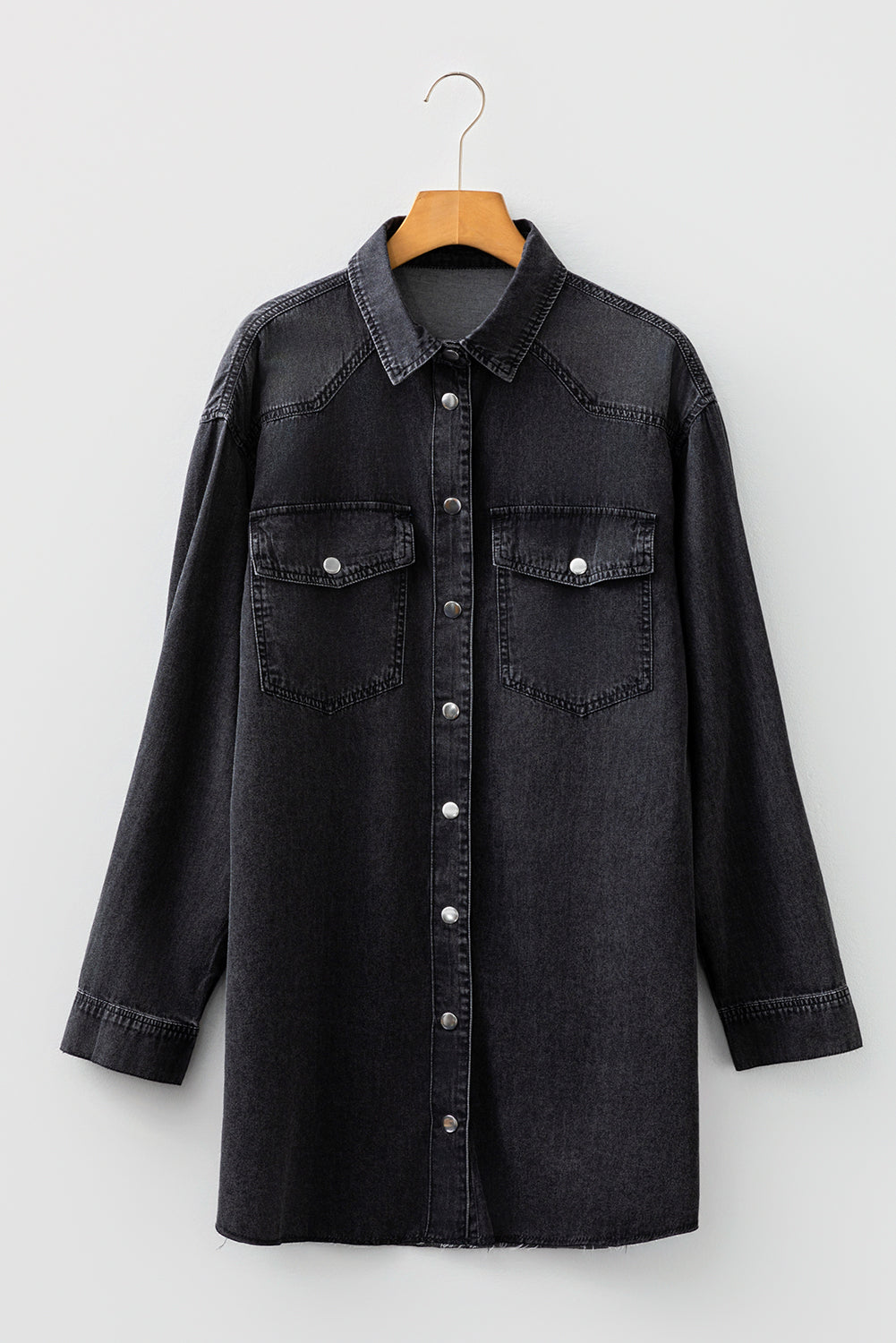 Blue Beau Chest Pocket Raw Hem Denim Loose Shirt Dress