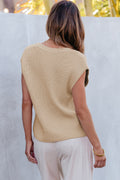 Apricot Chest Pocket V Neck Ribbed Cap Sleeve Sweater