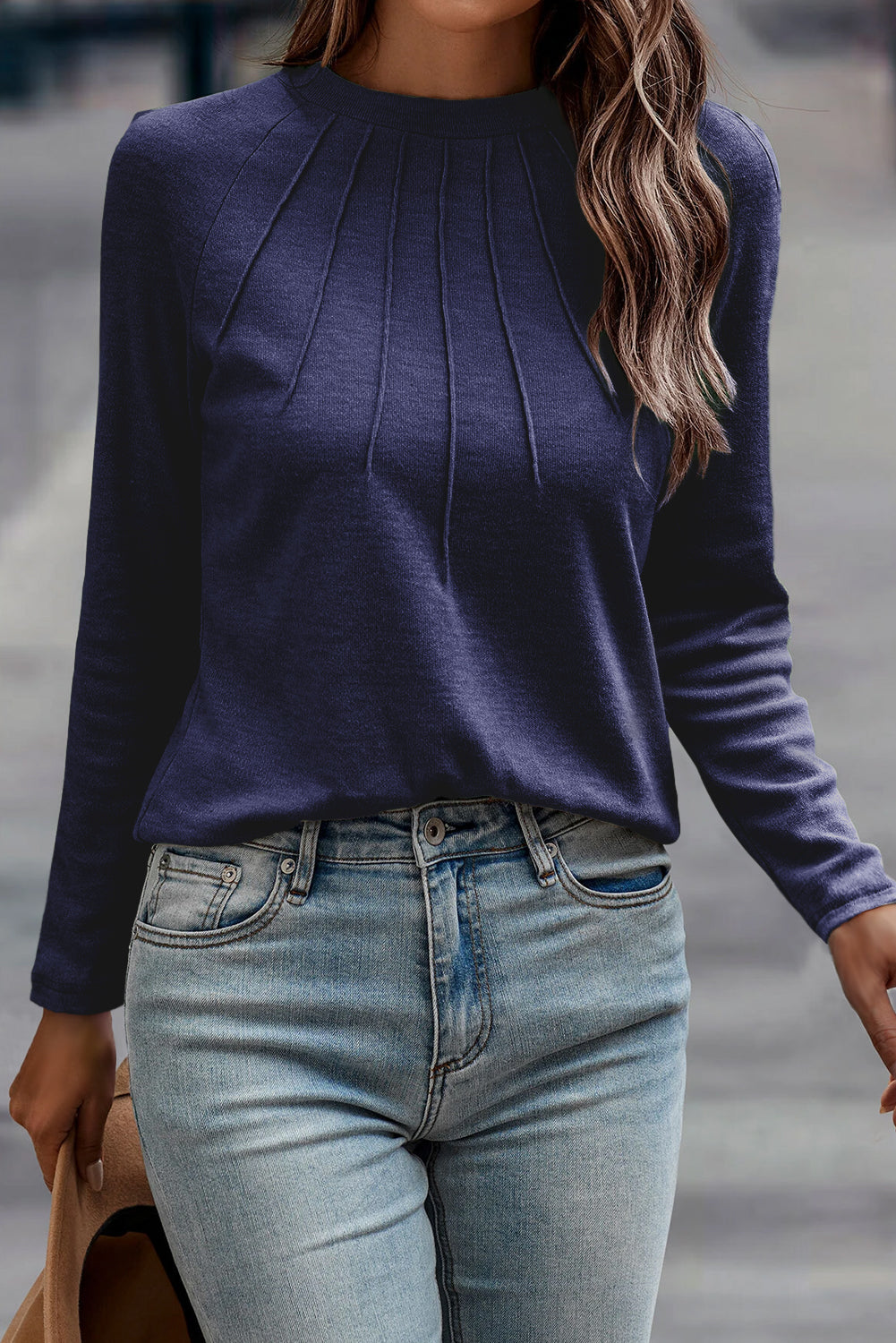 Black Solid Color Seam Detail Raglan Long Sleeve Top