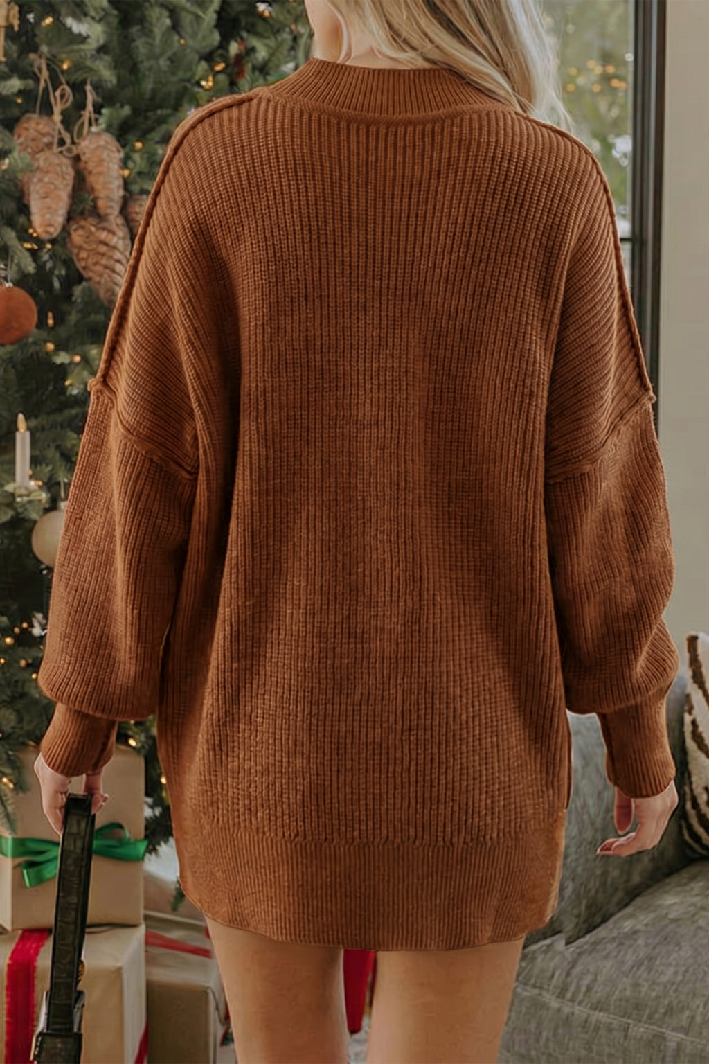 Chestnut Long Sleeve Ribbed Knit Stand Neck Regular Fit Sweater