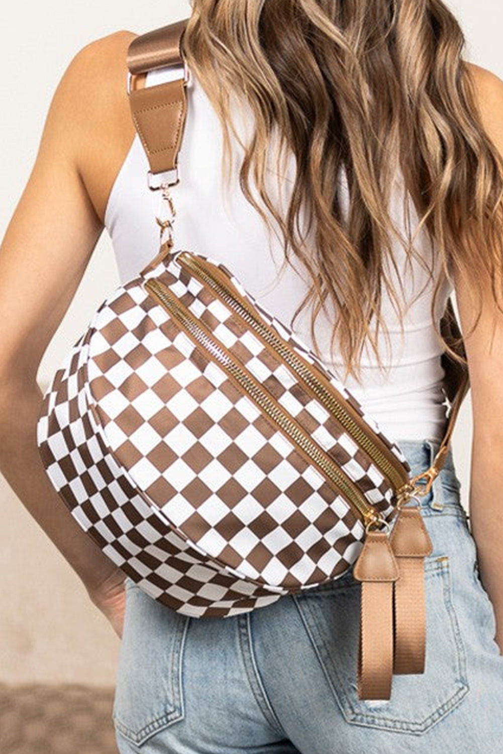 White Animal Spots Print Wide Strap Large Crossbody Bag