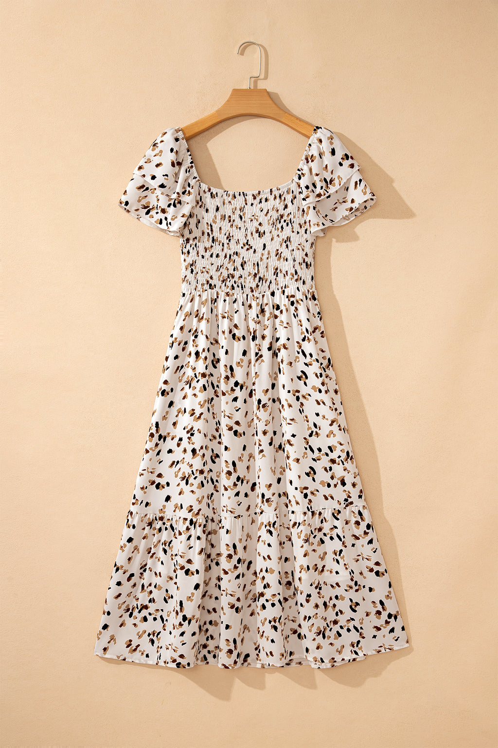 Beige Ditsy Floral Print Smocked Square Neck Ruffle Short Sleeve Dress