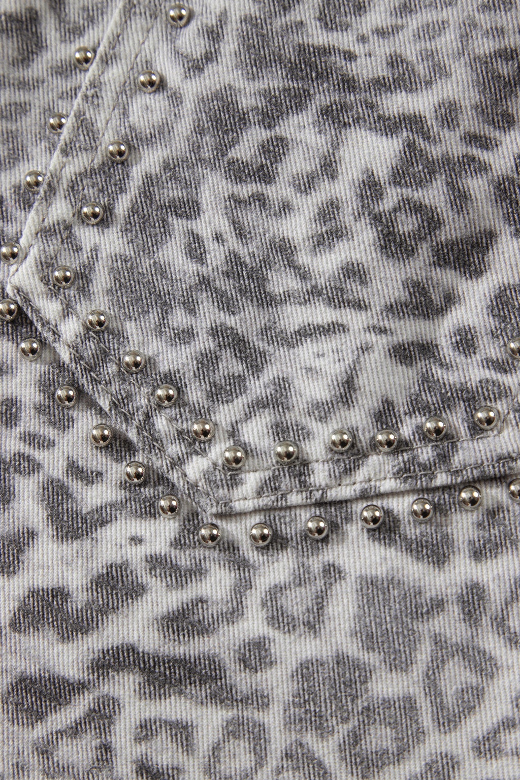 Khaki Leopard Print Studded Collar Studded Patch Pocket Denim Jacket