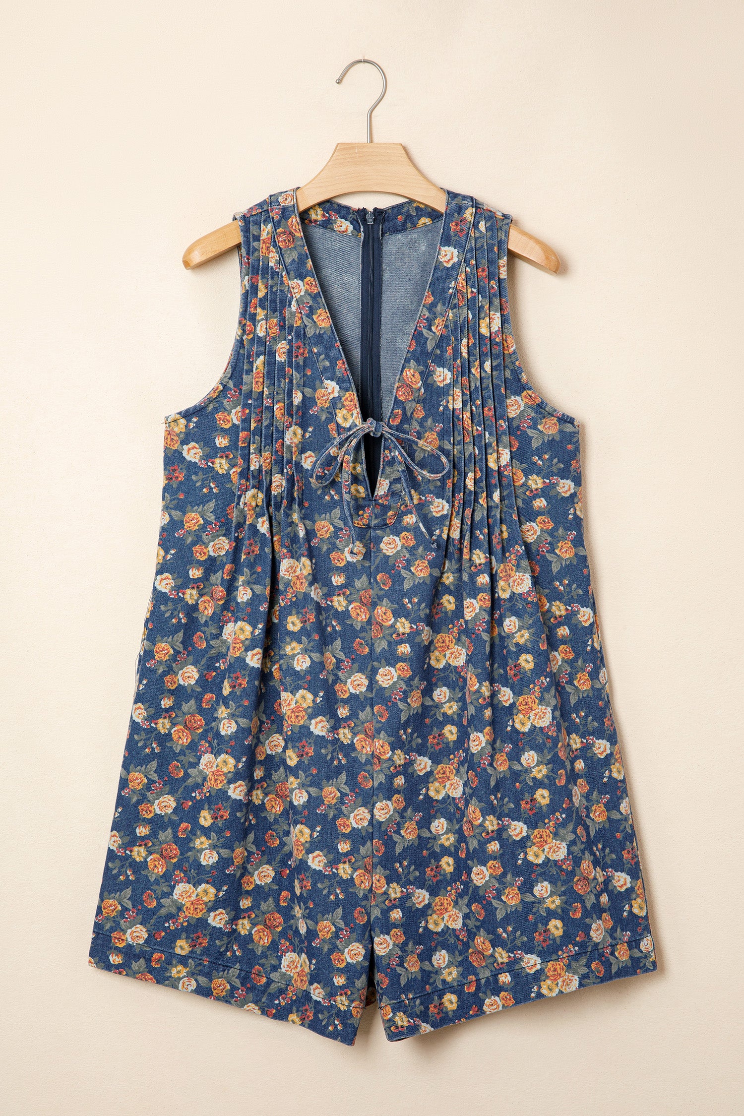 Blue Retro Floral Print Bow Tie V Neck Sleeveless Pleated Loose Denim Romper