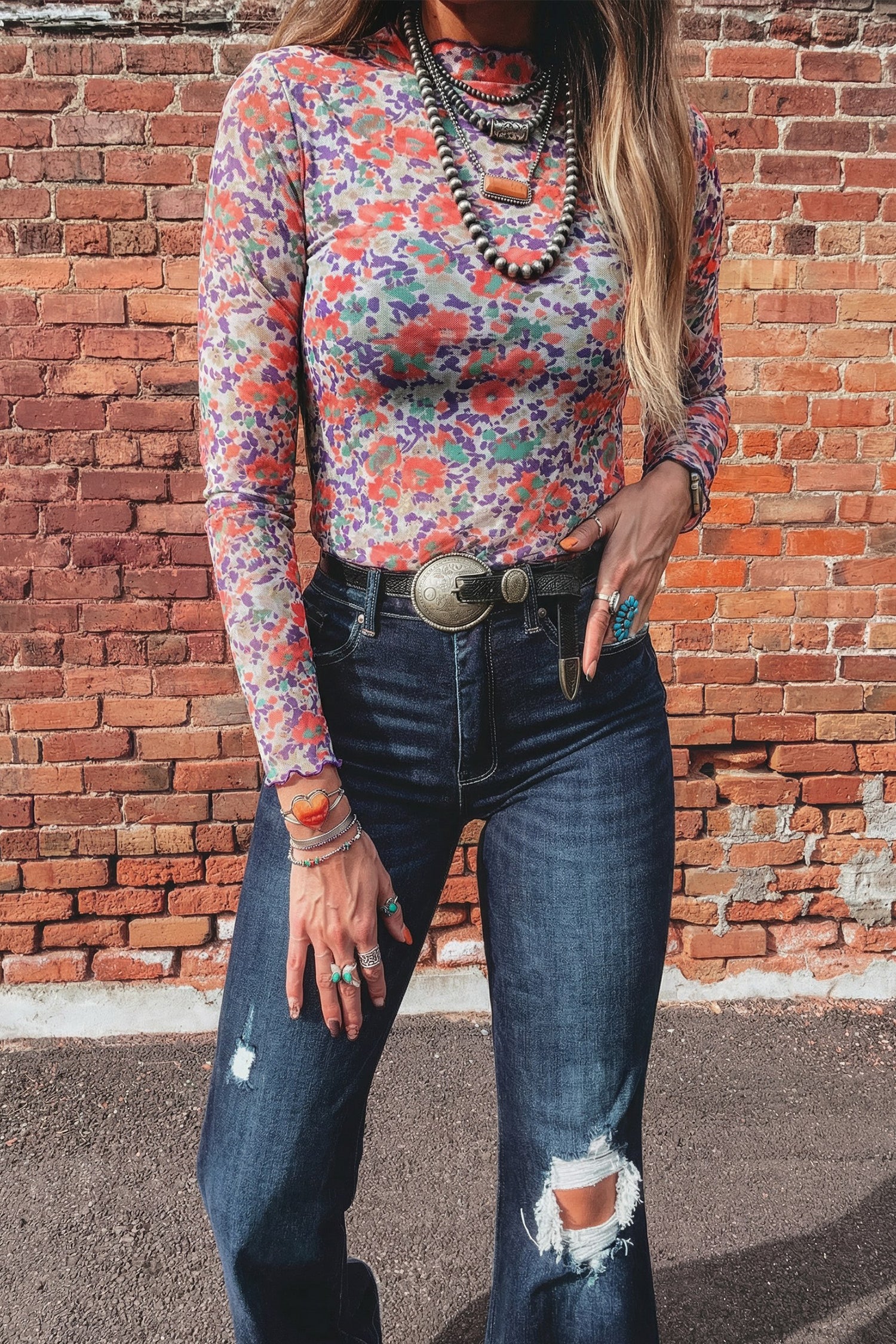 Oatmeal Western Print Slim Fit Mesh Long Sleeve Mock Neck Top