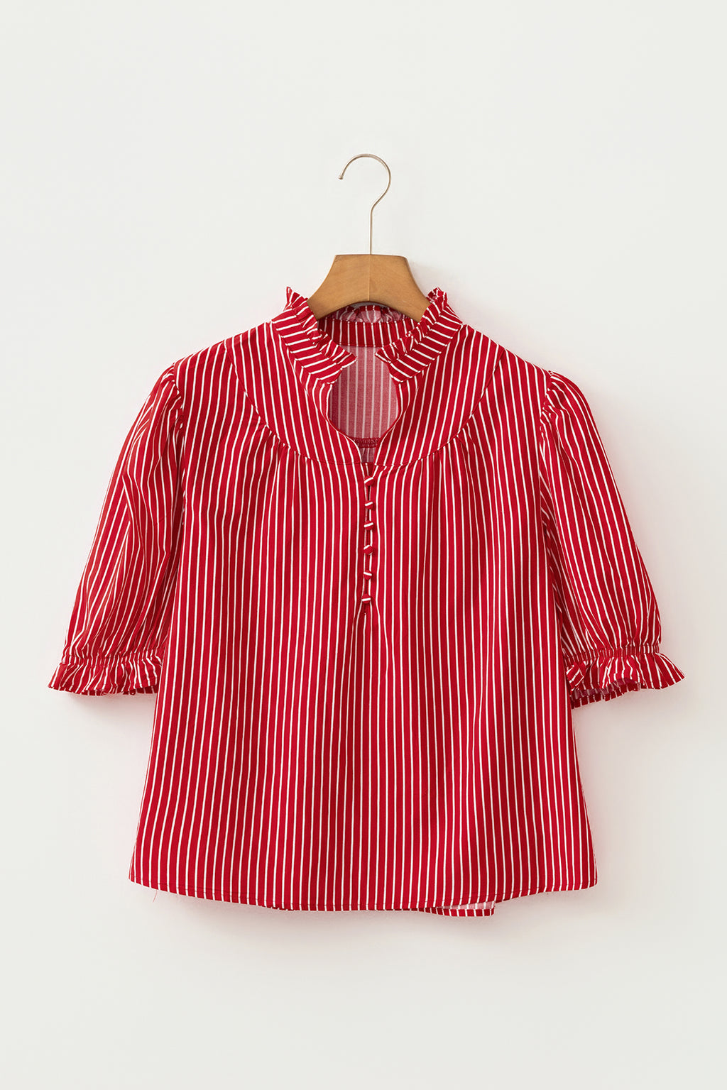 Blue Stripe Ruffled Short Puff Sleeve Button Front Blouse