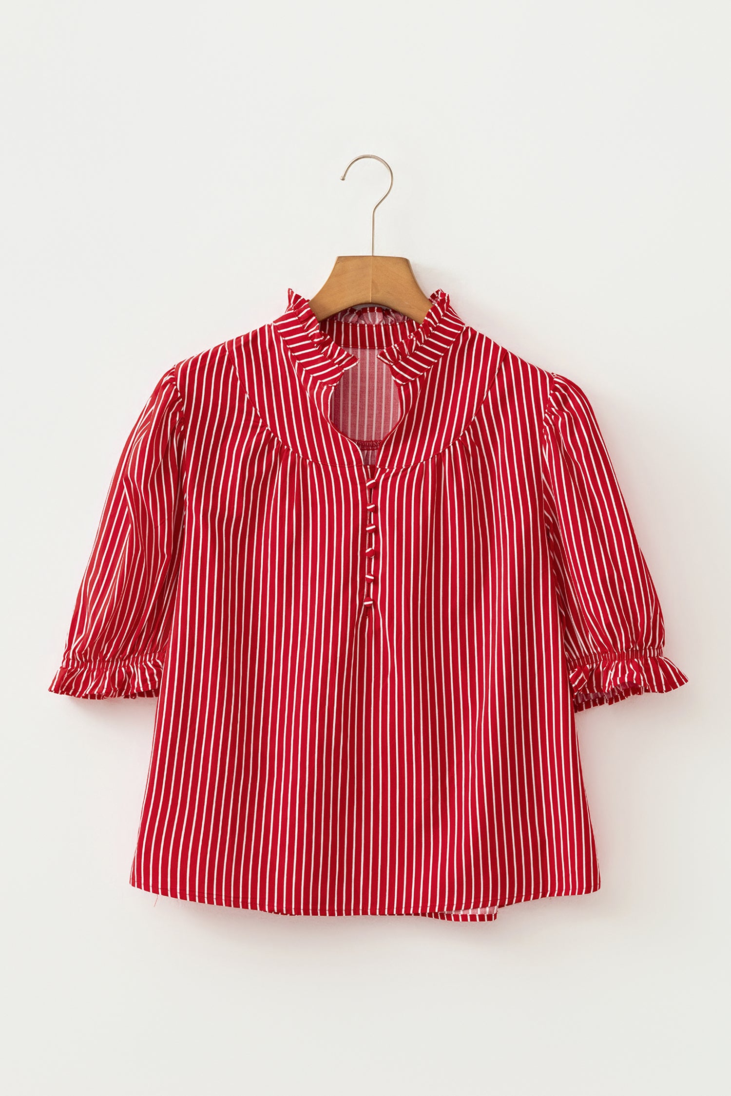 Blue Stripe Ruffled Short Puff Sleeve Button Front Blouse