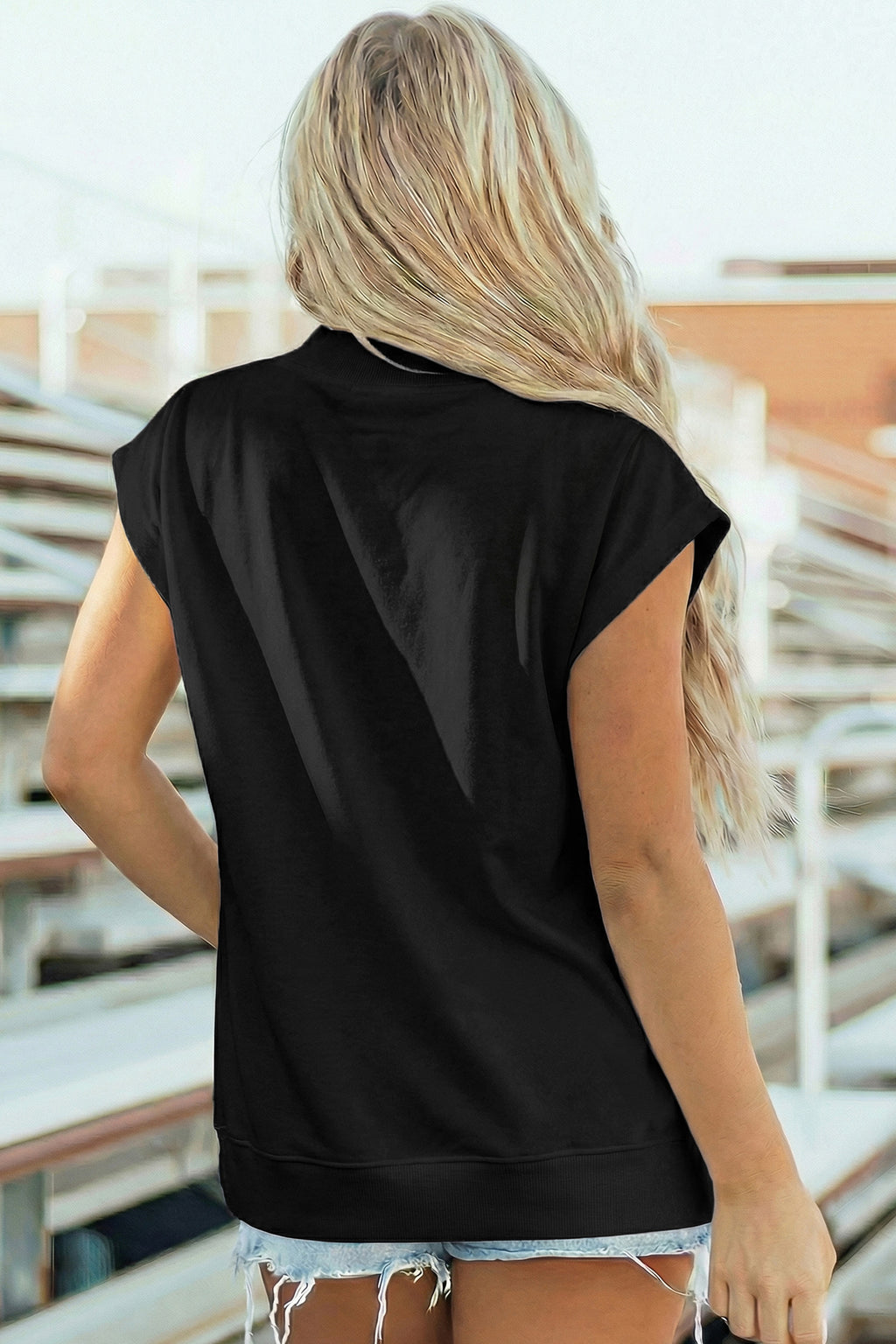 White Solid Color High Neck Cap Sleeve Loose Top