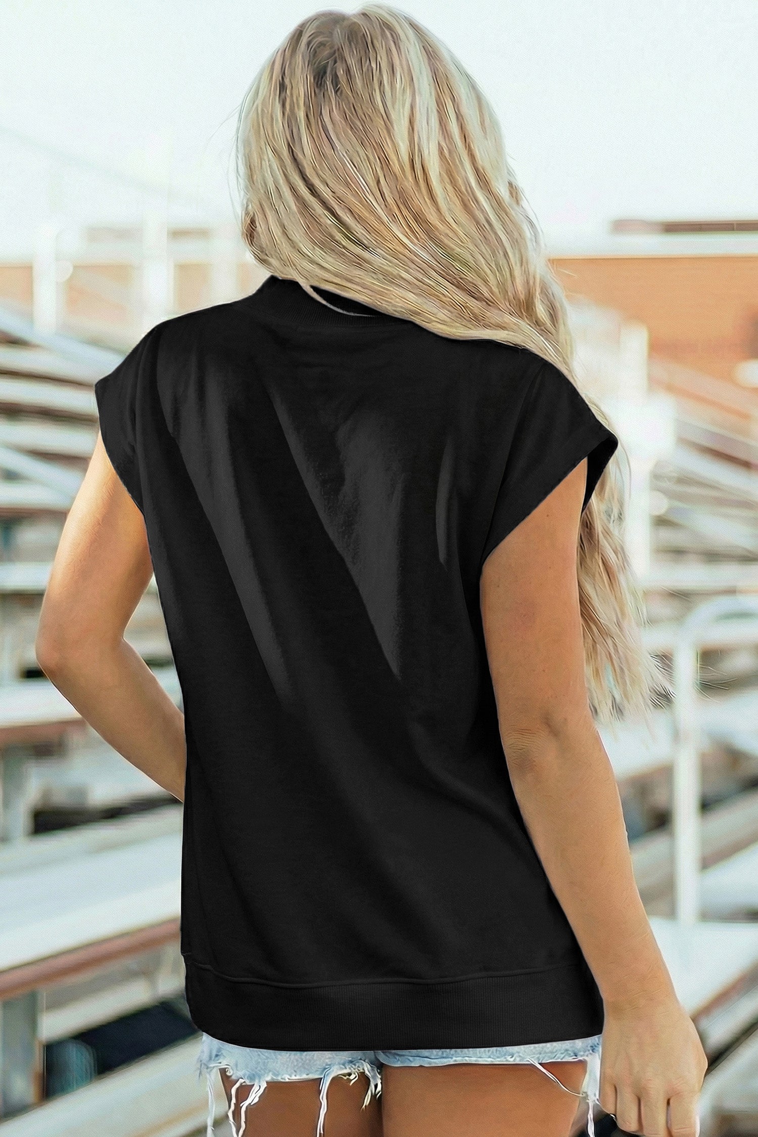 White Solid Color High Neck Cap Sleeve Loose Top