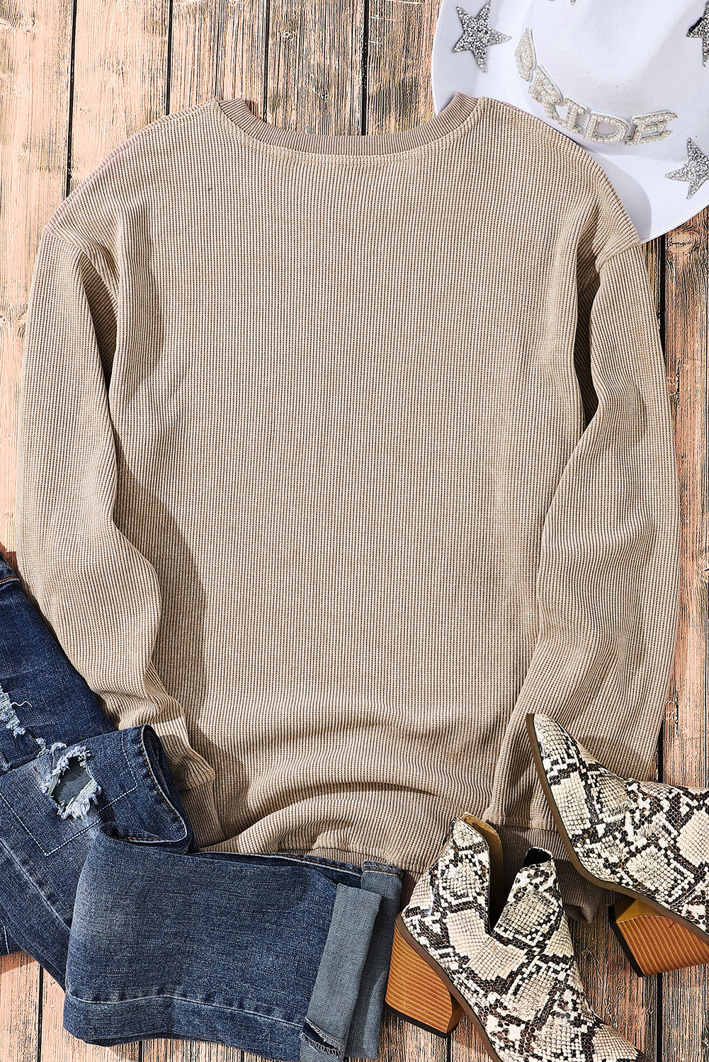 Gray Solid Ribbed Knit Round Neck Pullover Sweatshirt
