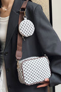 White PU Leather Geometric Pattern Adjustable Strap Shoulder Bag with Wallet