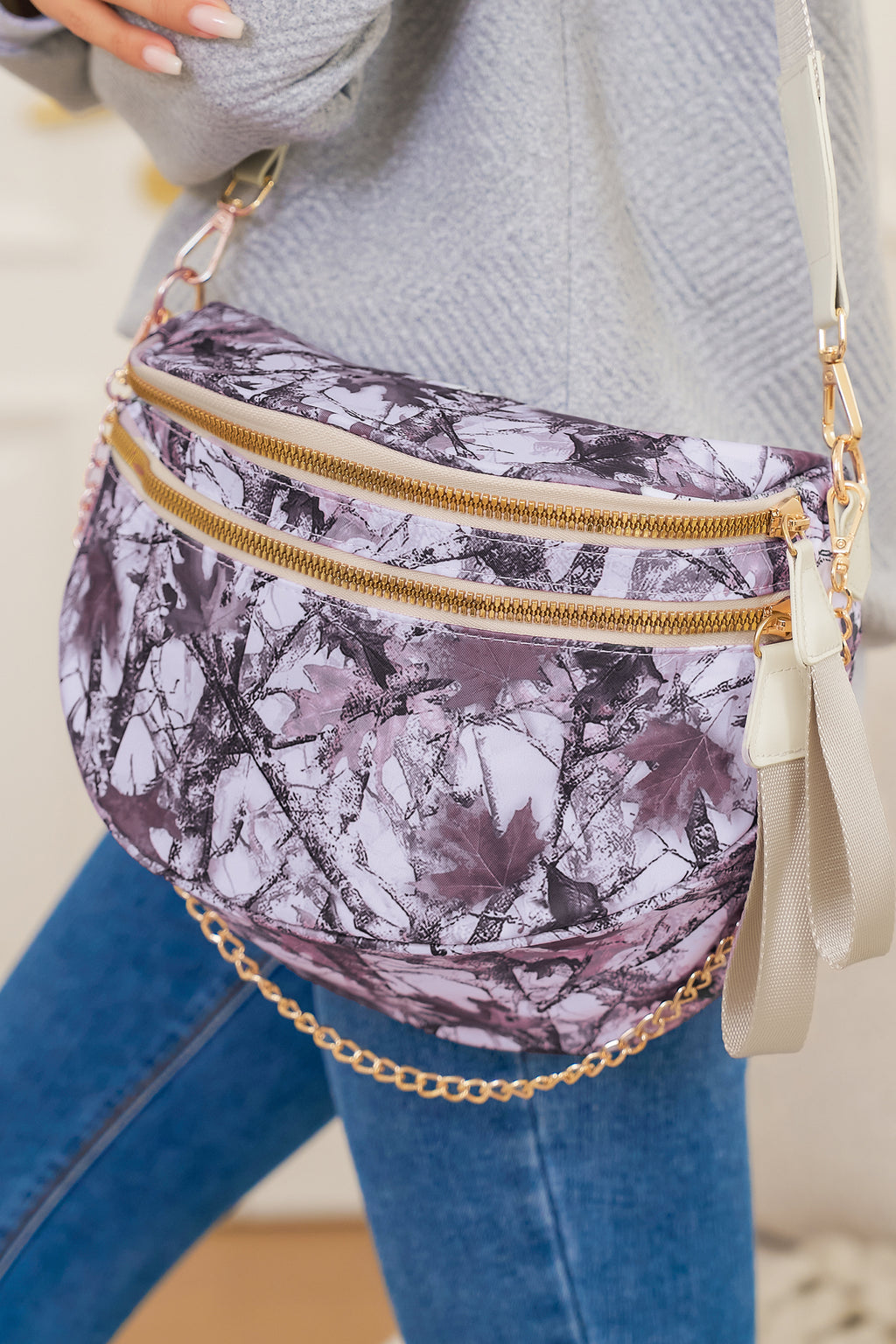 Medium Grey Abstract Print Double Zip Fashion Crossbody Bag