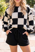 Black Checkerboard Plaid Long Sleeve Solid Color Shorts 2pcs Set